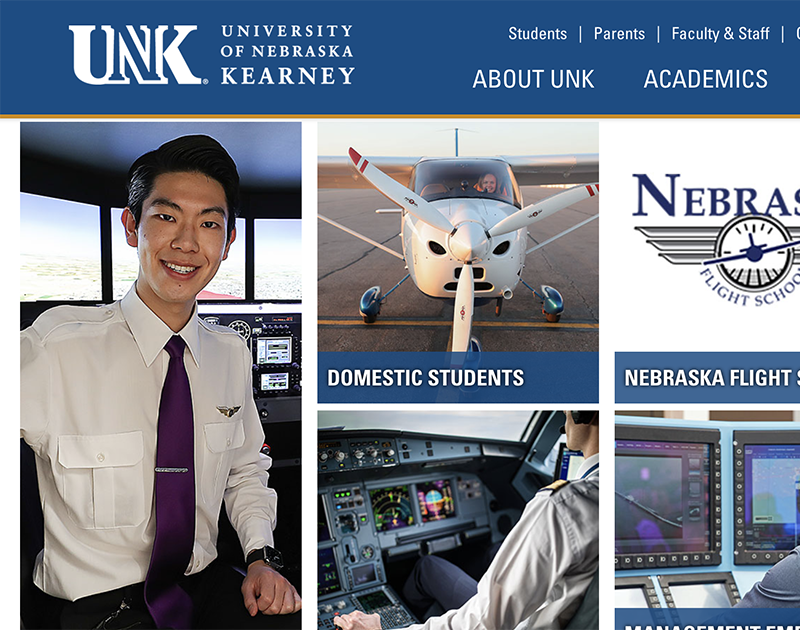 ネブラスカ大学カーニー校の航空学部ホームページのキャプチャ